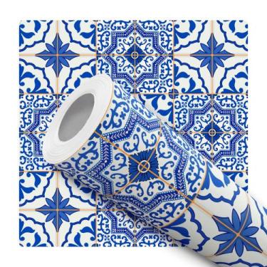 Imagem de Papel De Parede Vinílico Azulejo Português Azul e Branco Cozinha 12m -