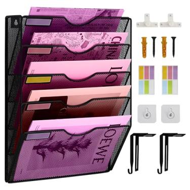 Imagem de ideallife Organizador de Porta-Arquivos de Parede de Malha com 5 Bolsos, Pasta de Arquivo Suspensa para Escritório, Porta-Revistas, Conjunto de Ganchos para Etiquetas de Identificação Incluído (Preto)