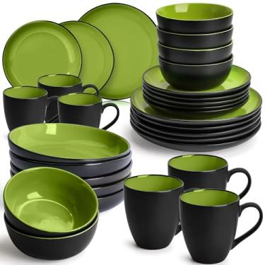 Imagem de MIAMIO Serviço para 6 louças/conjunto de louça de grés – incluindo pratos, tigelas e canecas – seguro para micro-ondas e lava-louças – Coleção Le PaPillon (verde, 30 peças)