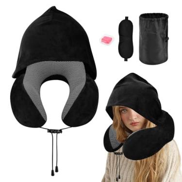 Imagem de Travesseiro de pescoço de viagem com capuz, travesseiro de viagem macio com tampões de ouvido e máscara de olho em forma de U travesseiro de pescoço de espuma viscoelástica com capuz para avião,