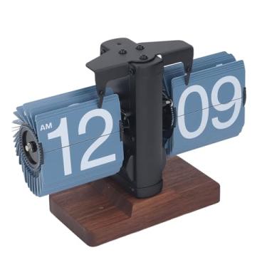 Imagem de Relógio de Mesa Giratório retrô Flip, Relógio de Aço Inoxidável de Face única Com Base de Nogueira, Números Grandes para Fácil Leitura, para Sala de (Páginas azuis com moldura