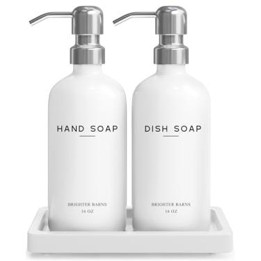 Imagem de Conjunto de dispensador de sabão de vidro branco para mãos e louça da Brighter Barns - Conjunto de dispensador de sabão de cozinha com bandeja e bomba para escritório, hotel, aluguel de férias, Airbnb
