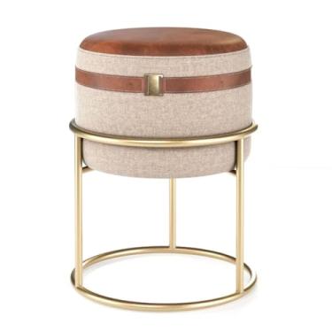 Imagem de Puff Redondo Estofado Com Base Metal Decoração Assento Banco Quarto Sala Salão Closet (Creme/Couro Marrom)