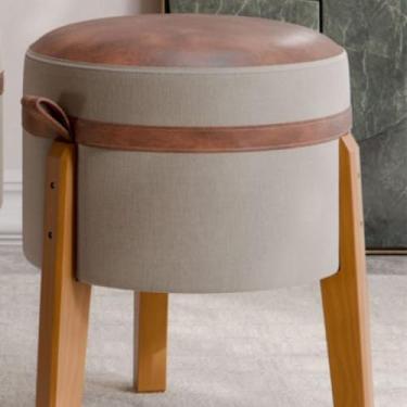 Imagem de Puff Redondo Com Pés Em Madeira Retrô Suede Estofado Courino (Creme/Couro Marrom)