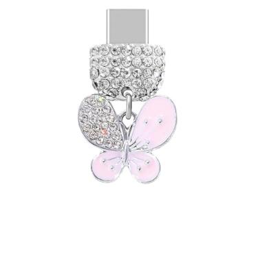 Imagem de ELISE & FONDA TP542 Tipo-C porta de carregamento cristal antipoeira pingente de celular pequena borboleta para iPhone 15/16/Samsung/OnePlus/Xiaomi/oppo telefones Android (rosa), approx. 1.7 cm (L) x