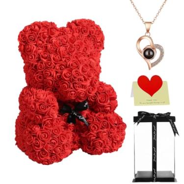 Imagem de Urso de pelúcia rosa grande de 40 cm com caixa de presente, urso de flores para aniversário, dia das mães, casamento, aniversário, presente romântico para ela (vermelho)