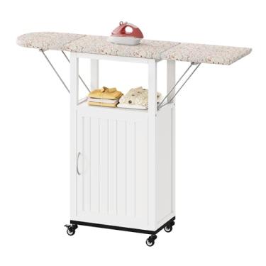 Imagem de Tábua de passar a ferro com armário de armazenamento, tábua de passar a ferro dobrável com rodas, mesa de artesanato com armazenamento, estação de passar a ferro dobrável de madeira com esponja