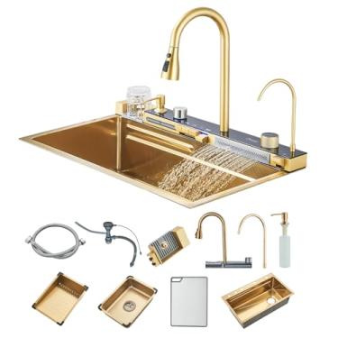 Imagem de TINICO Kit Cuba Gourmet Cozinha Pia Aço Inox 304 Dourado Escovado, Com Torneira Extraível, Torneira De Água Pura, Slot Único Grande, Integrado Digital Display Faucet Set, Acessórios Para Pia, 75x45cm