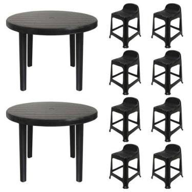 Imagem de 2 Mesas Redondas Desmontáveis de Plástico 94cm Preta + 8 Banquetas Com