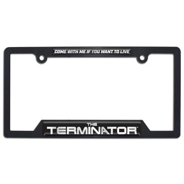 Imagem de Elektroplate Oficialmente licenciado - Terminator Come with me Moldura de placa de licença de plástico de canto aberto preto brilhante Suporte de etiqueta de carro de terror de plástico à prova de
