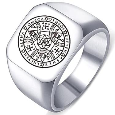 Imagem de Enochian Anel masculino Angel Magic Amulet, Alpha e Omega, AGLA, Tetragrammaton de aço inoxidável