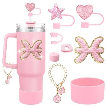 Imagem de RQYDYZMJ Conjunto de acessórios de copo de 8 peças, com uma corrente e pingente de constelação, adesivo de constelação e tampa de palha para copos Stanley de 850 g ou 1,134 g (rosa - Peixes)
