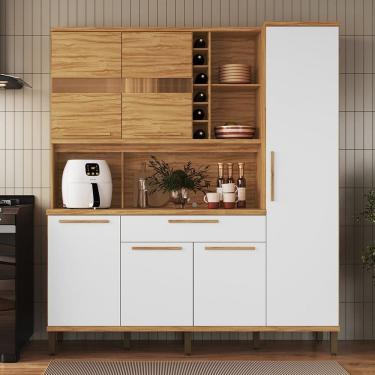 Imagem de Cozinha Compacta 178cm com 6 Portas 1 Gaveta e Mini Adega 100% Mdf Suécia Espresso Móveis Amêndoa/Branco