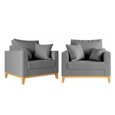 Imagem de Kit 2 Poltronas Beny 80cm Base de Madeira Linho - Passoni Decor, Cinza