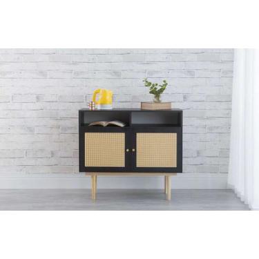 Imagem de Balcão Buffet Pés Palito Madeira 2 Portas Com Nichos Mdf E Palhinha Es