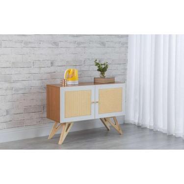 Imagem de Balcão Buffet Mdf Freijó Pés Taeda 2 Portas Brancas Com Palhinha Retrô