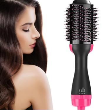 Imagem de Escova Secadora Elétrica 3 em 1, Modelador de Cabelo com Temperatura Ajustável, 33cm, Rosa e Preto