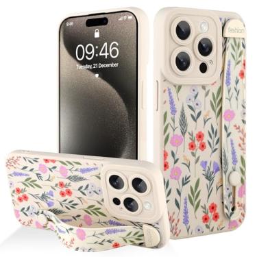 Imagem de AIGOMARA Capa protetora de silicone para iPhone 15 Pro com alça para mulheres e meninas, estampa floral fofa, branca