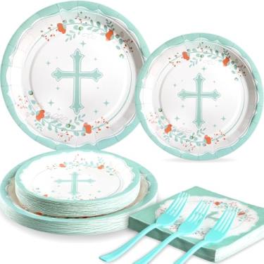 Imagem de Cheery Land Pratos e guardanapos de primeira comunhão para meninos, pratos de batismo e guardanapos azuis - Decorações de batismo para meninos - Decorações de primeira comunhão, serve 25