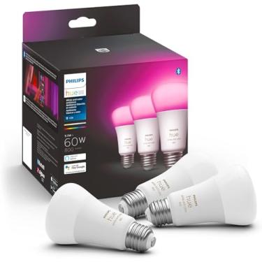 Imagem de Philips Hue Lâmpada de LED Smart 60W A19 – Luz de mudança de cor ambiente branca e colorida – Pacote com 3 – 800LM – E26 – Interna – Controle com aplicativo Hue – Funciona com Alexa, Google Assistant e Apple Homekit