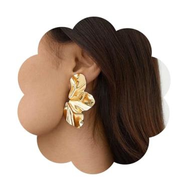 Imagem de YienDoo Brincos de folha de ginkgo florais exclusivos brincos de folha geométrica de ouro grosso brincos de flor grande pingente de gota brinco de pétala irregular joia de orelha para mulheres, Zinco