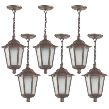 Imagem de Kit 6 Luminárias de Teto Colonial Pendente Grego 18x58cm Marrom Lente Fosca Dital