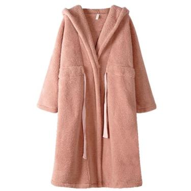 Imagem de LVTFCO Roupão feminino de veludo coral outono e inverno espesso e acolchoado de flanela de comprimento médio roupão de banho pijama, rosa - XGG