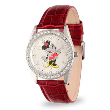 Imagem de Disney Relógio feminino Minnie Mouse de liga de prata, pulseira de couro vermelha, W002762