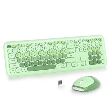 Imagem de iRoboosta Conjunto de teclado e mouse sem fio colorido verde claro, teclado de máquina de escrever retrô de 2,4 GHz, teclado fofo de tamanho completo com teclado numérico, teclados silenciosos para