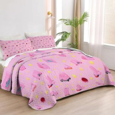 Imagem de Allenjoy Jogo de cama king size rosa Puffball Colchas Dream Land Hero Conjunto de cama de tecido lavável com 2 fronhas SC00431-007