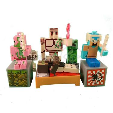 Imagem de Kit Cartelado Conj. Minecraft 2 Bonecos+1 Villager+1 Enderman+1 Creeper+1 Cama+Espadas
