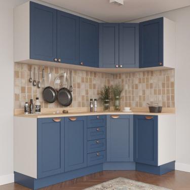 Imagem de Cozinha Modulada 6 Peças Com Tampo 3 Aéreos 6 Portas E 3 Balcões Arizona Branco/azul