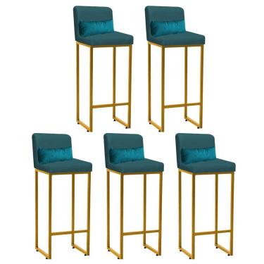Imagem de Kit 05 Banqueta Alta Com Encosto Industrial Ferro Dourado Suede Azul Turquesa E Almofada Azul Turquesa