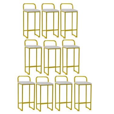 Imagem de Kit 10 Banqueta Alta Luffi Com Encosto Balcão Ferro Dourado Suede Branco