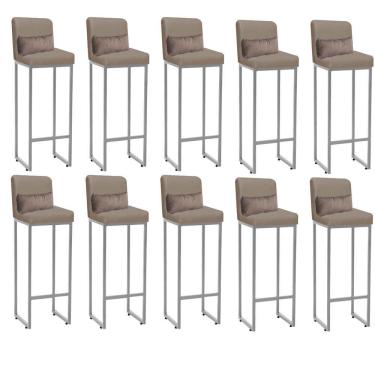Imagem de Kit 10 Banqueta Alta Com Encosto Balcão Ferro Prata Suede Bege E Almofada Bege