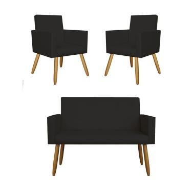 Imagem de Kit Namoradeira + 02 Poltronas Decorativas Courino Promoção – Balaqui Decor Cor:courino Preta