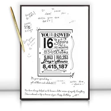 Imagem de Decorações de aniversário emolduradas Sweet 16 para meninos ou meninas 30,5 x 40,6 cm com caneta e gancho de parede, decorações de aniversário de 16 anos, pôster de sinal de lembrancinha de festa, alternativa para livro de hóspedes, cartão jumbo Sweet 16 para meninos e meninas