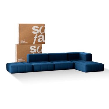 Imagem de Sofá 3 lugares Modular com 2 Apoios (Puff) - Sofá na Caixa em Boucle com 5 Módulos 3,44m - 1 Braço (Azul)