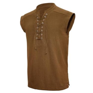 Imagem de Fantasia renascentista masculina camisa de pirata sem mangas com cadarço medieval roupa viking steampunk gótica túnica marrom médio