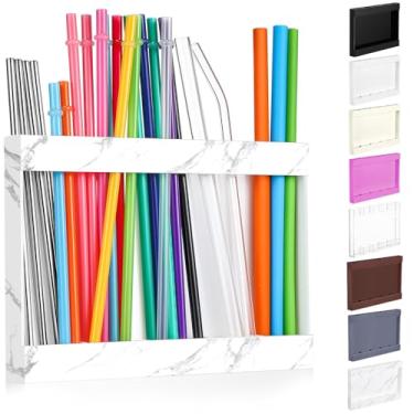 Imagem de Qinyoung Suporte de canudo de acrílico com fita adesiva dupla face reutilizável organizador de canudo recipiente de armazenamento para armário de balcão e cozinha (cor mármore)