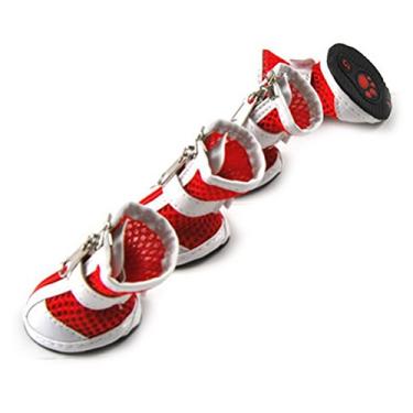 Imagem de Zunea Sapatos para cachorros pequenos para o verão com pavimento quente, botas de malha respirável ajustáveis e antiderrapante, com zíper, bota para cães, branco, PU protetor de pata, vermelho, 1#