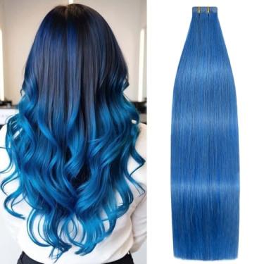 Imagem de Aison Extensões De Cabelo Blue Tape In 100% Remy Humano Liso Para Mulheres Da Moda, 20 Unidades/Pacote (18 Polegadas #Azul 40G)