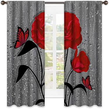 Imagem de Cortina isolada com sombra de rosa vermelha, flor de borboleta, tecido impermeável, cortinas blackout com absorção de som para decoração de sala de jantar/festa, L 132 x C 150 cm cinza