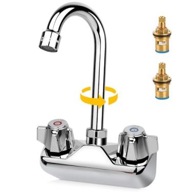 Imagem de Torneira de pia comercial central de 10 cm para montagem na parede, torneira de pia de mão de cozinha, entrada macho NPT de 1/5.1 cm, construída em latão e polido cromado, com bico de pescoço de ganso