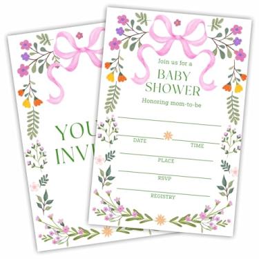 Imagem de DYIRBIIY Convites para chá de bebê - conjunto de 25 flores silvestres e convites de laço de fita rosa com envelopes - anúncio de bebê revelação de gênero suprimentos de festa e decoração (10 x 15 cm