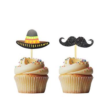 Imagem de Morndew 24 peças de enfeite de cupcake de bigode sombrero decorações para festa temática mexicana festa de aniversário chá de bebê festa de casamento