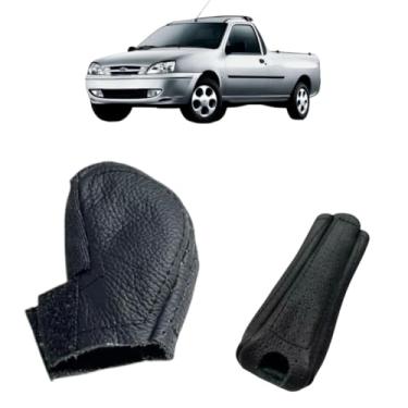 Imagem de Revestimento Couro Legitimo Manopla Câmbio Manual E Alavanca Freio De mão Compatível Com Courier 2000 Á 2010 (COURO PRETO - COSTURA PRETA)