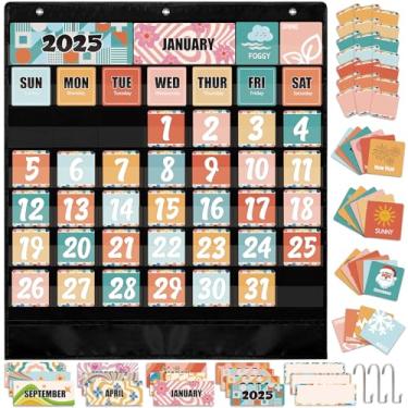 Imagem de Tabela de bolso para calendário de sala de aula – Conjunto de quadro de avisos retrô com cartões para pré-escola, agenda escolar, itens essenciais para professores, decoração de aula infantil