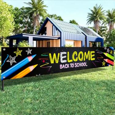 Imagem de BlissYard Faixa Welcome Back to School Banner Welcome Back Outdoor 295 x 50 cm estilo quadro-negro com lápis de cor e estrelas para decorações de sala de aula, professor, aluno, primeiro dia, escola