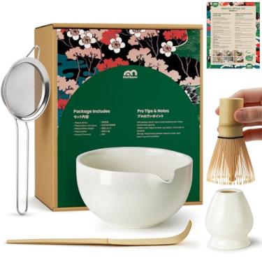Imagem de Conjunto de batedor Matcha, chasen de bambu feito à mão e kit matcha de tigela de cerâmica, conjunto completo de 5 peças Matcha batedor e tigela com peneira de aço inoxidável, colher de bambu e